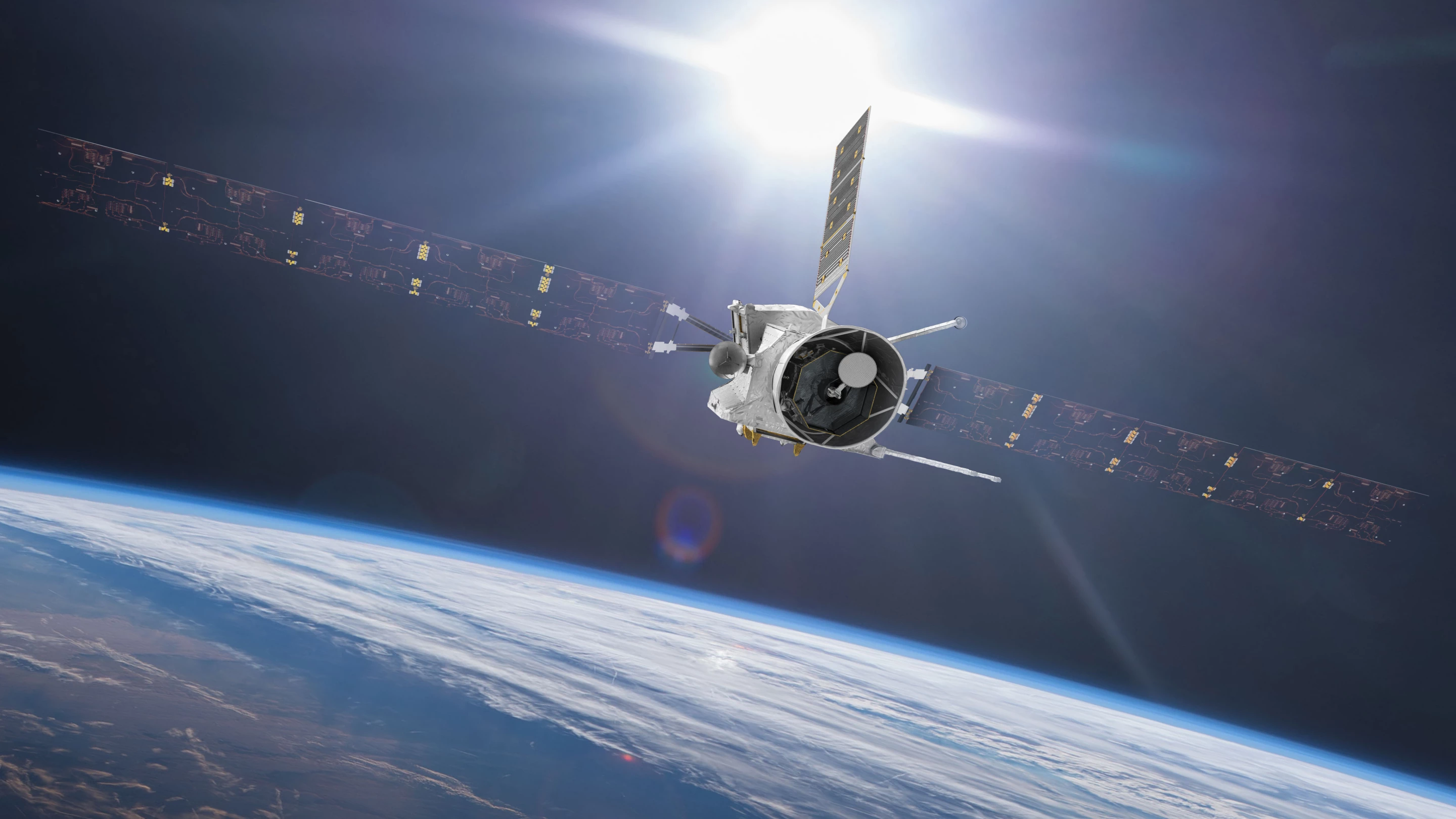 An artist's rendition of BepiColombo, as it flies past Earth in its cruise configuration