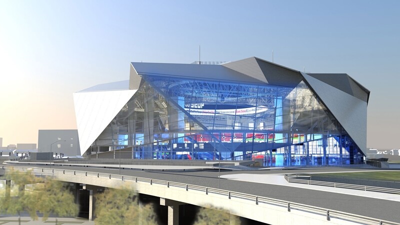 Exterior view of the “city window” on the stadium’s northeast side