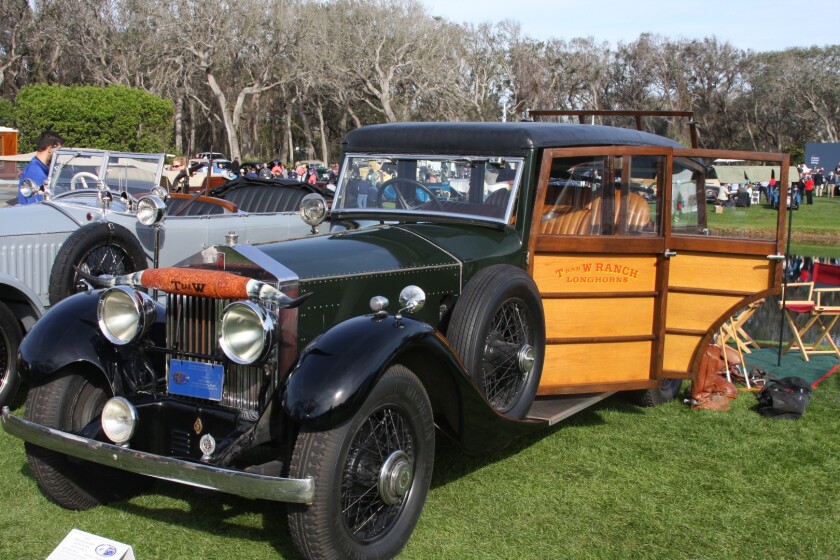 The moniker "shooting brake" is used for pedigreed automobiles that have been converted to what would be termed a "station wagon" rear in less pedigreed cars. This is a 1926 Rolls-Royce Phantom I shooting brake with a rear of mahogany and oak, exhibited by the T bar W Ranch, located in Mineola, Texas, approximately 90 minutes east of Dallas.