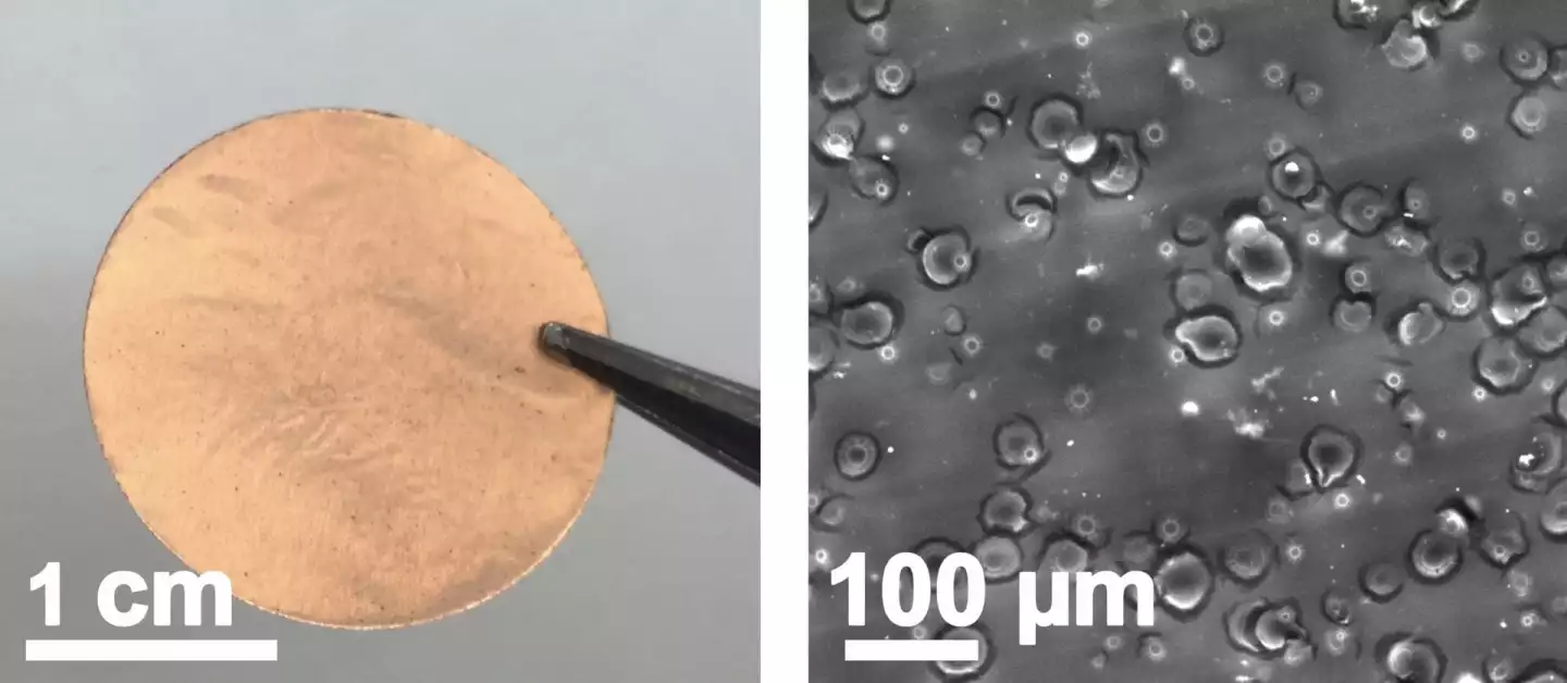A copper current collector with a laser-induced silicon oxide coating created at Rice University can be seen on the left, with a scanning electron microscope image of the coating seen on the right
