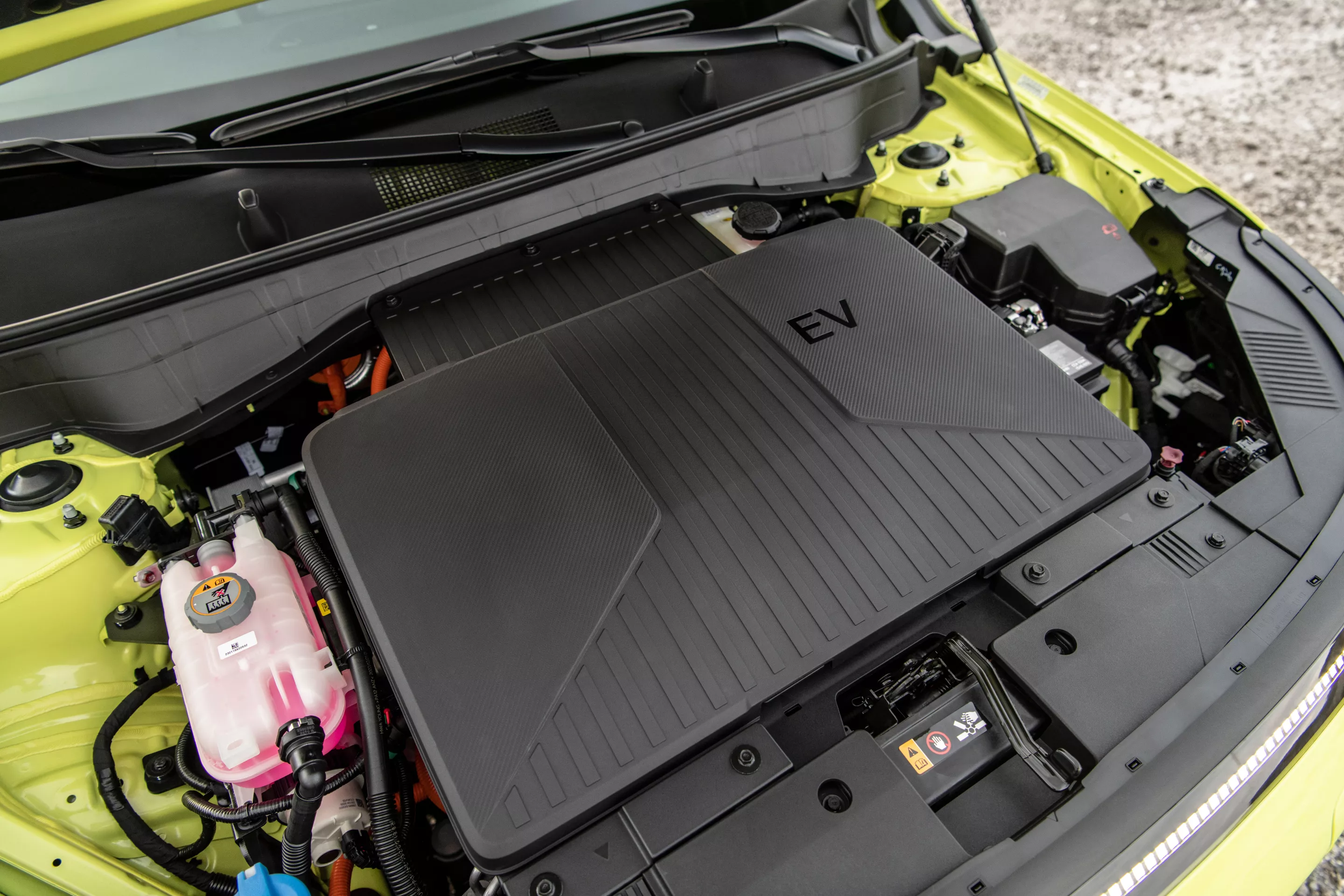 Under the "hood" of the Kona EV model, including the "frunk" cover for forward cargo