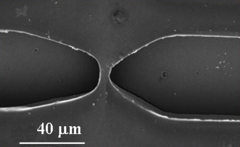 Each nanochannel electroporation device incorporates two reservoirs joined by a nanoscale channel, too small to be visible in this image (Photo: Ohio State University)