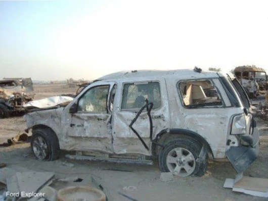 A very large roadside bomb was set off as the Explorer passed by, carrying four U. S. Army soldiers. The vehicle was a total loss. The four soldiers received some minor cuts and scrapes, but all four walked away from the destroyed vehicle without injury.