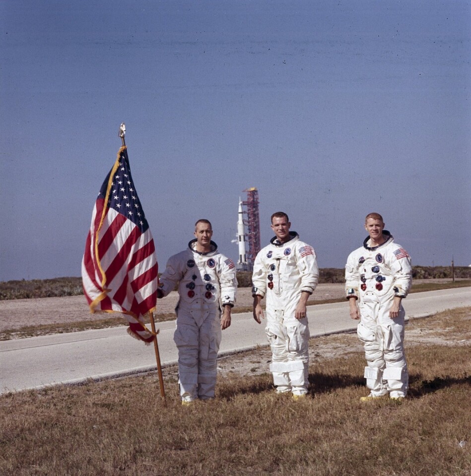 Apollo 9 crew and US flag