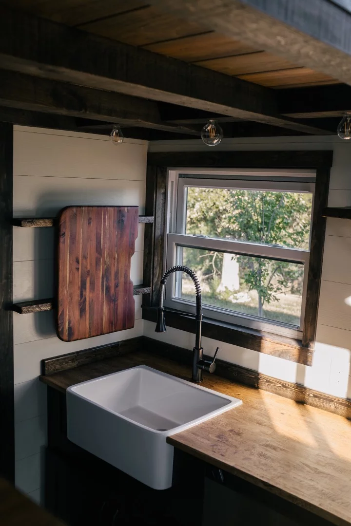 The Silhouette's farmhouse sink, with wooden chopping board cover visible