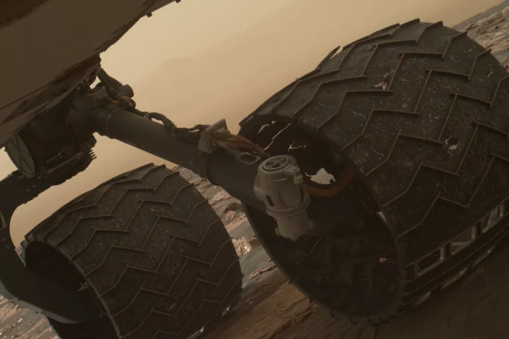 Two of the raised treads, called grousers, on the left middle wheel of NASA's Curiosity Mars rover broke during the first quarter of 2017