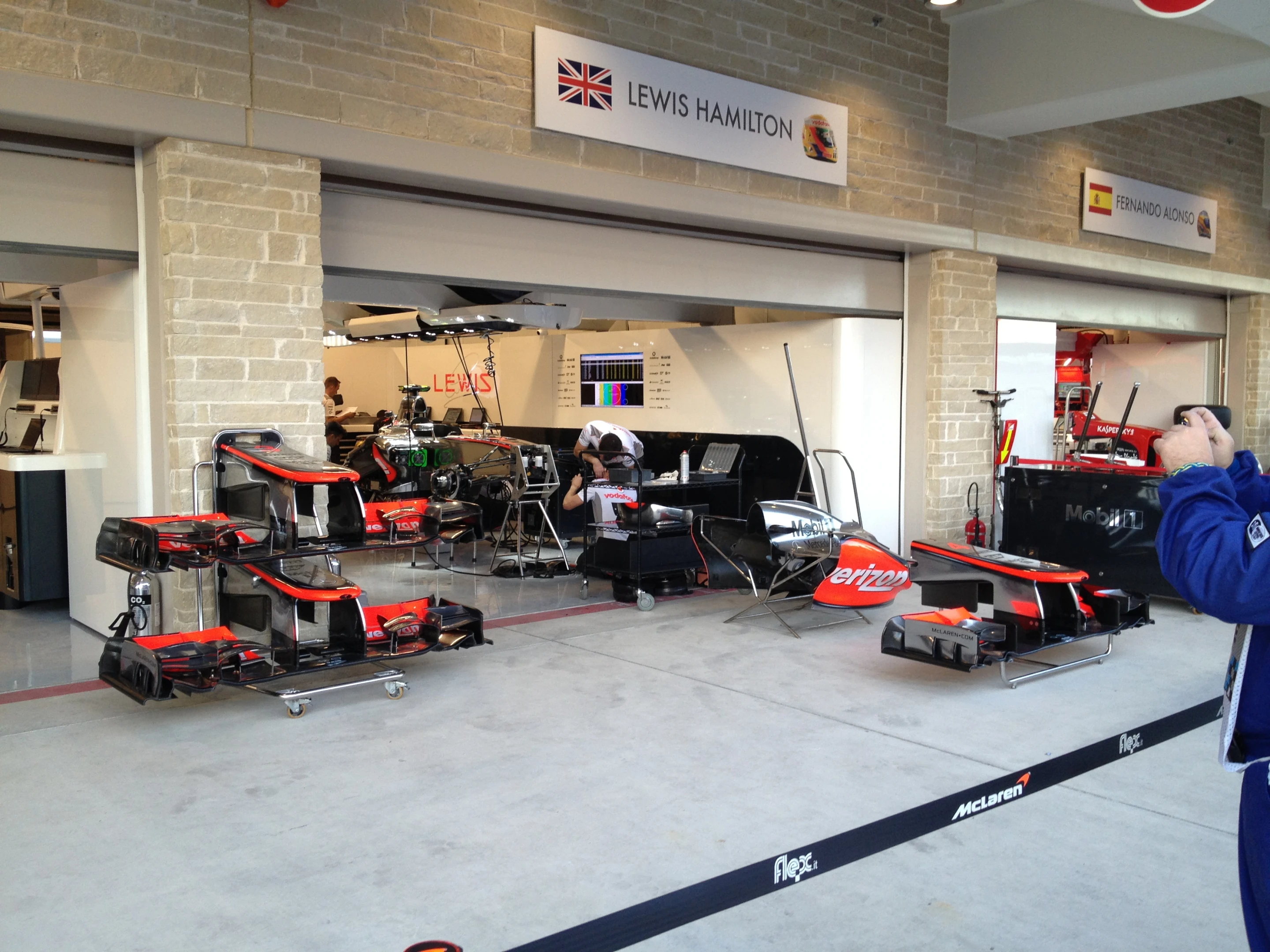 The immaculately clean pit area of eventual race winner Lewis Hamilton, who at that time was racing for McLaren-Mercedes