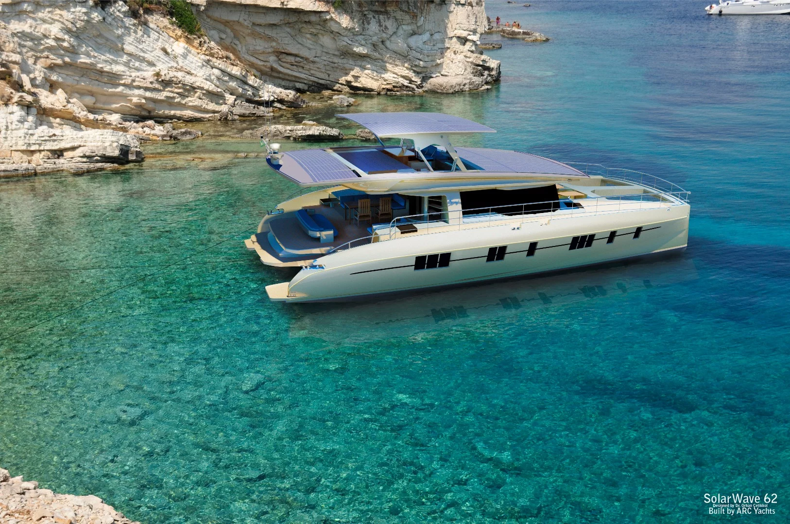 Solarwave 62' features a smart energy system that allows the yacht to run on solar-powered energy with an extensive traveling range