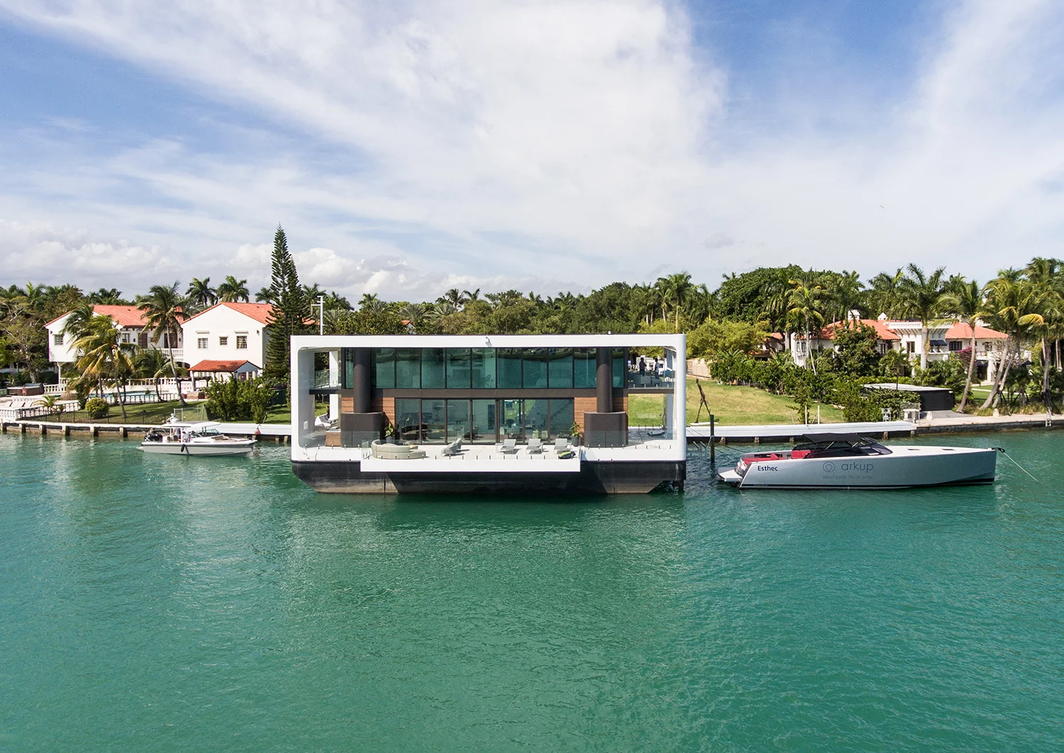The Arkup #1 is a luxury floating home that can raise itself on hydraulic stilts