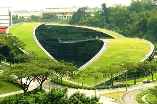 The School of Art, Design & Media at Nanyang Technological University campus in Singapore featuring a turfed rooftop.