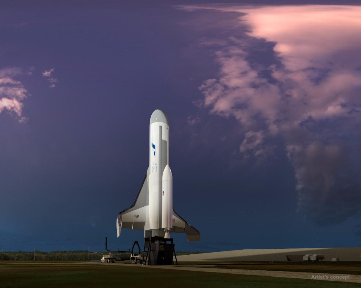 Phantom Express is envisioned as a highly autonomous experimental spaceplane, shown preparing for launch in this artist’s concept