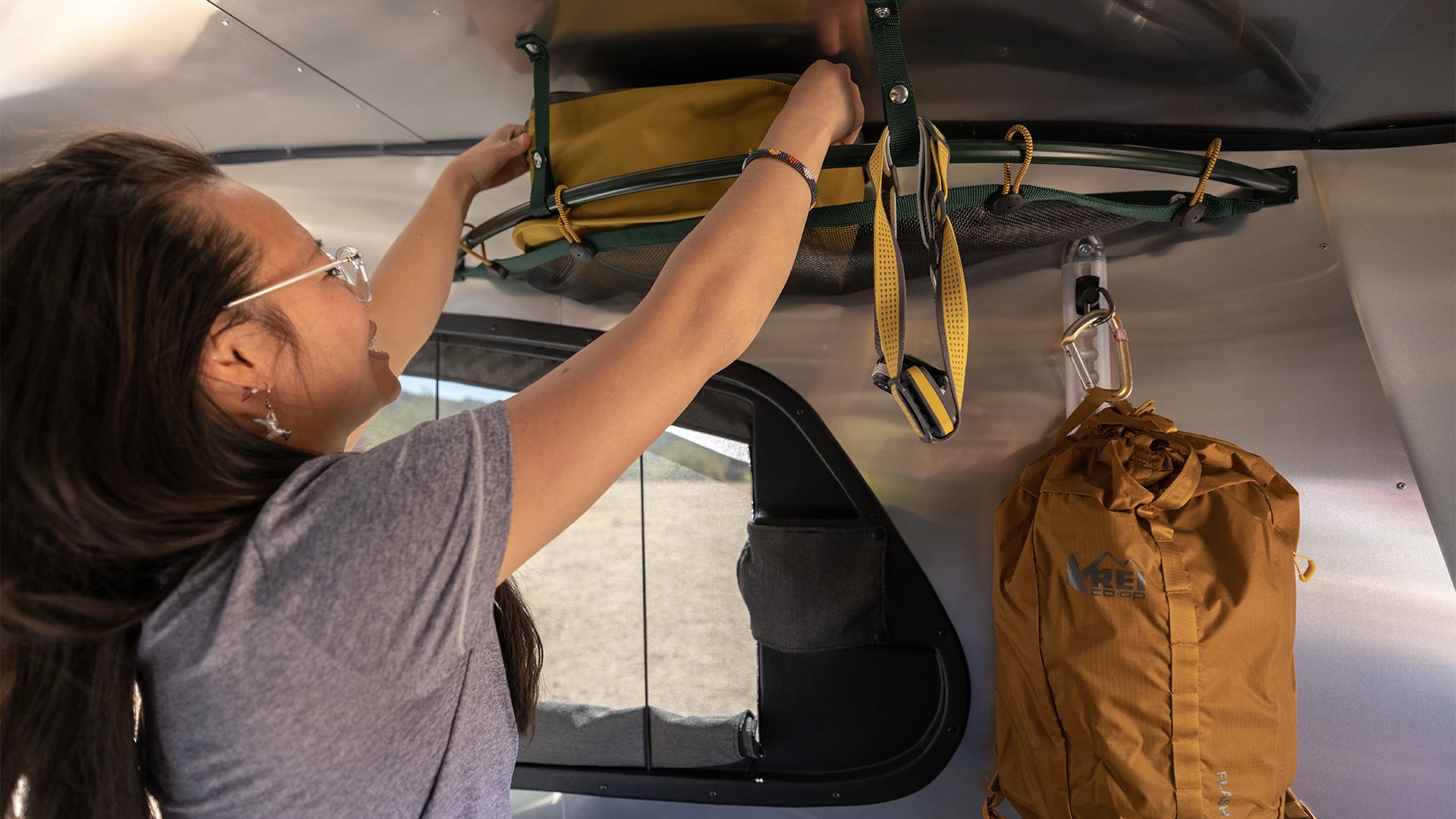 Airstream's REI Co-op Special Edition Basecamp trailer features dedicated onboard storage for outdoor gear