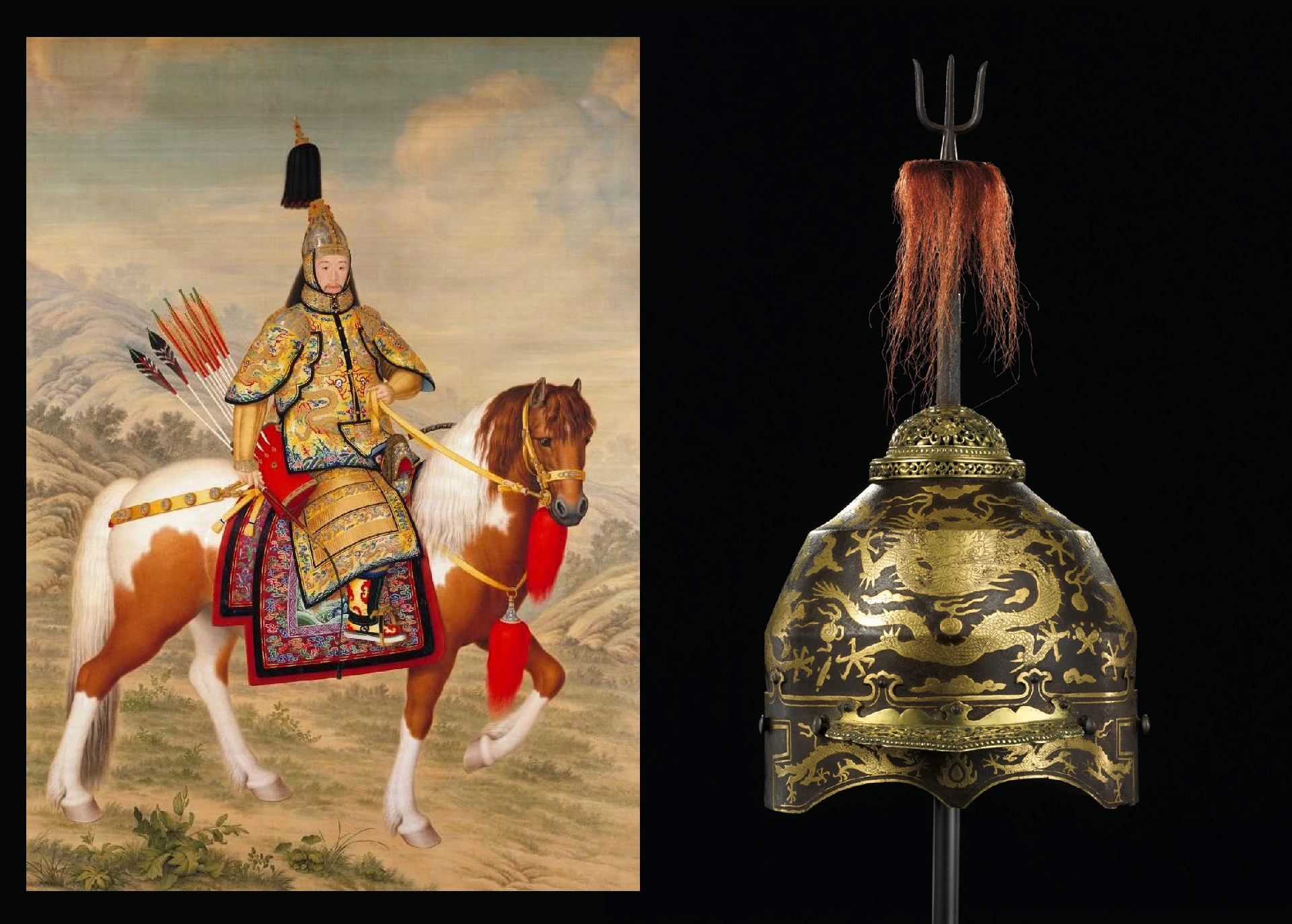 At left is a painting by Giuseppe Castiglione of the Chinese Qianlong Emperor circa 1739-1754, courtesy of Palace Museum, Beijing. At right is one of the most expensive helmet's ever sold at auction, believed to be the helmet worn in the image. The helmet sold for HKD $5,060,000 (USD $$651,428) on 7 April 2011.