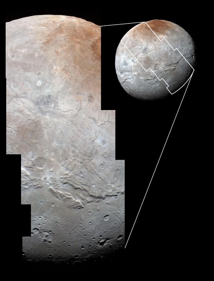 A mosaic image spanning 754 miles (1,214 km) in width, comprised of high-resolution images snapped by New Horizons' Long Range Reconnaissance Imager, color enhanced via an overlay from the spacecraft's MVIC
