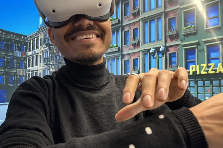 The technology has successfully been used to navigate a VR environment – note the magnetic ring on the index finger, along with the white magnetoresistive sensors in the sleeve