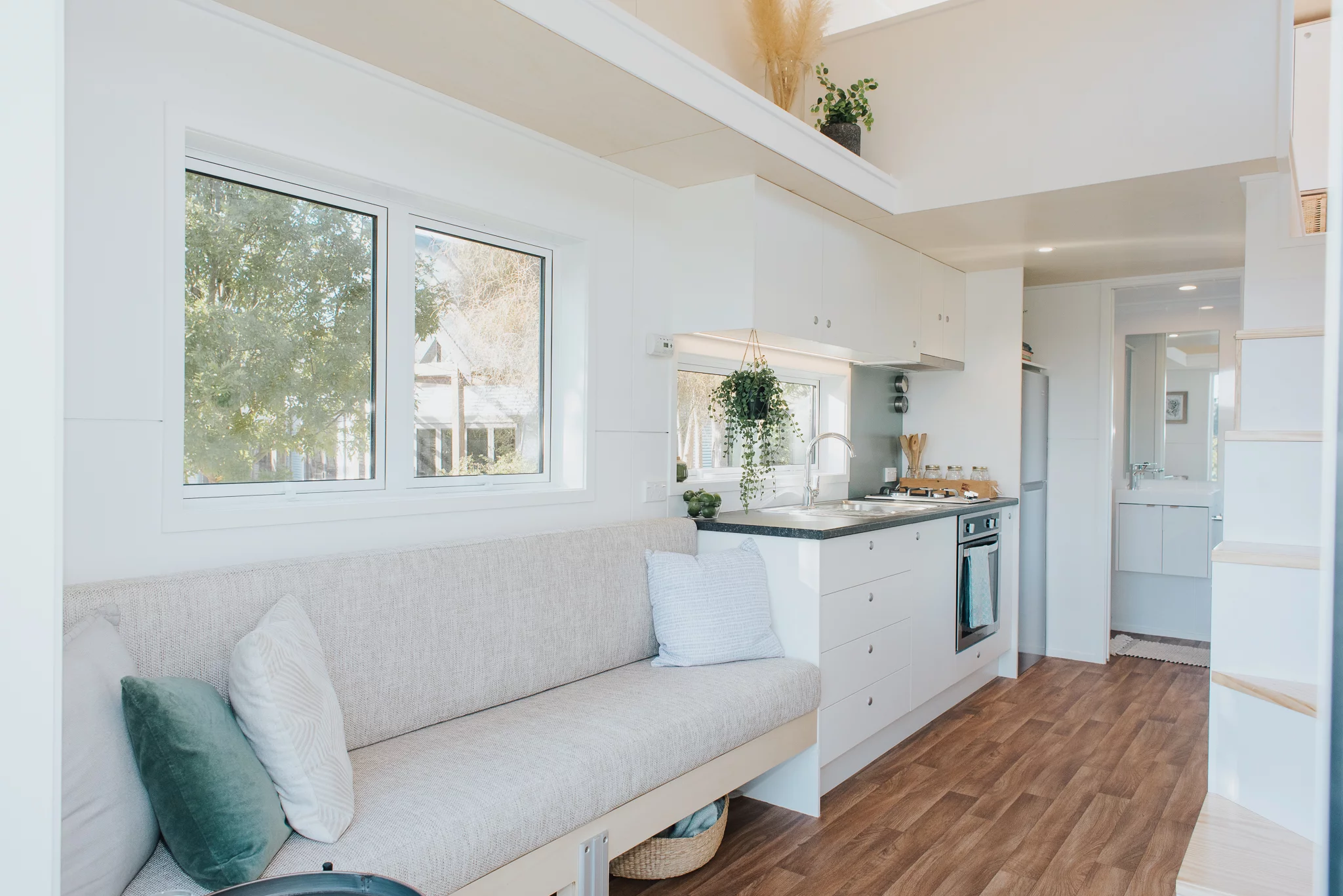 The Bitser Tiny House has a simple interior finish of painted plywood