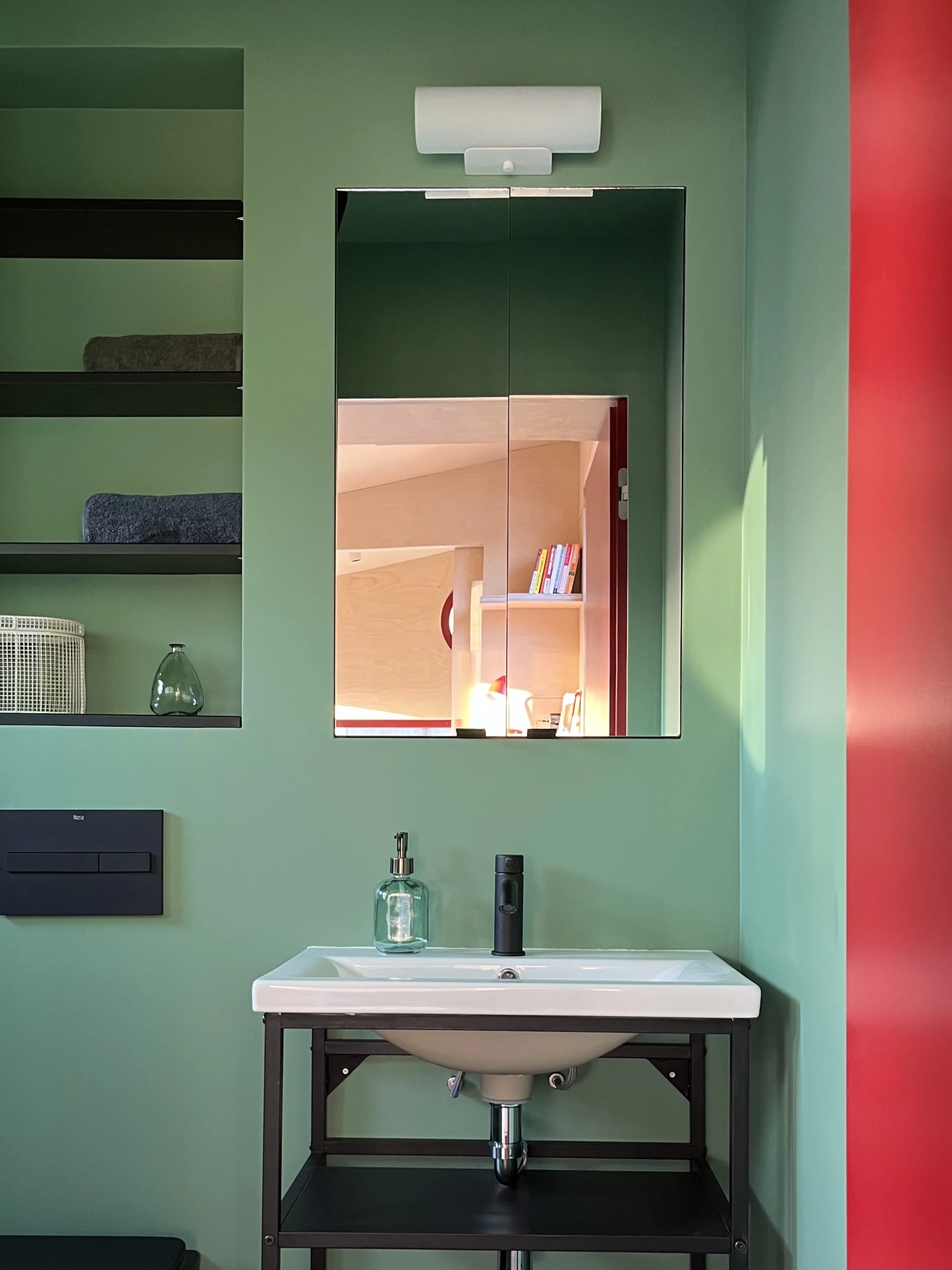 The THOW's bathroom features a sink, shower, and flushing toilet as standard, though an incinerating toilet can be installed as an optional extra