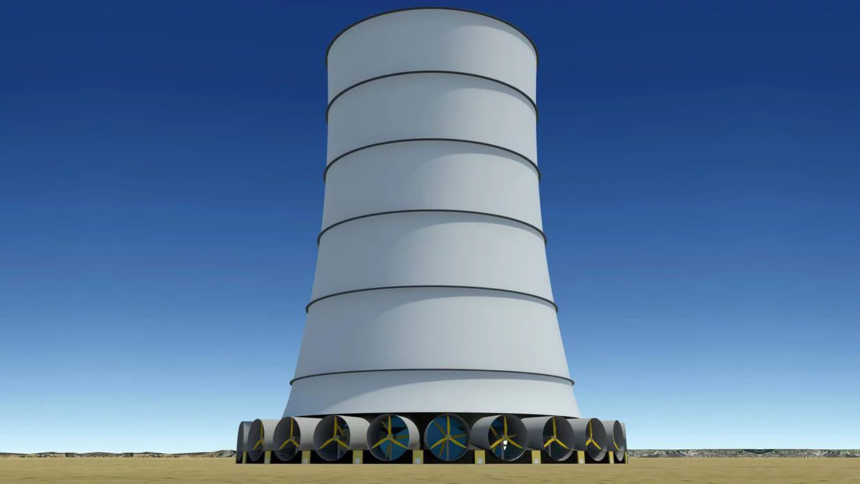 Solar Wind Energy's Downdraft Tower generates its own wind that is directed down the hollow tower and through turbines placed around its base