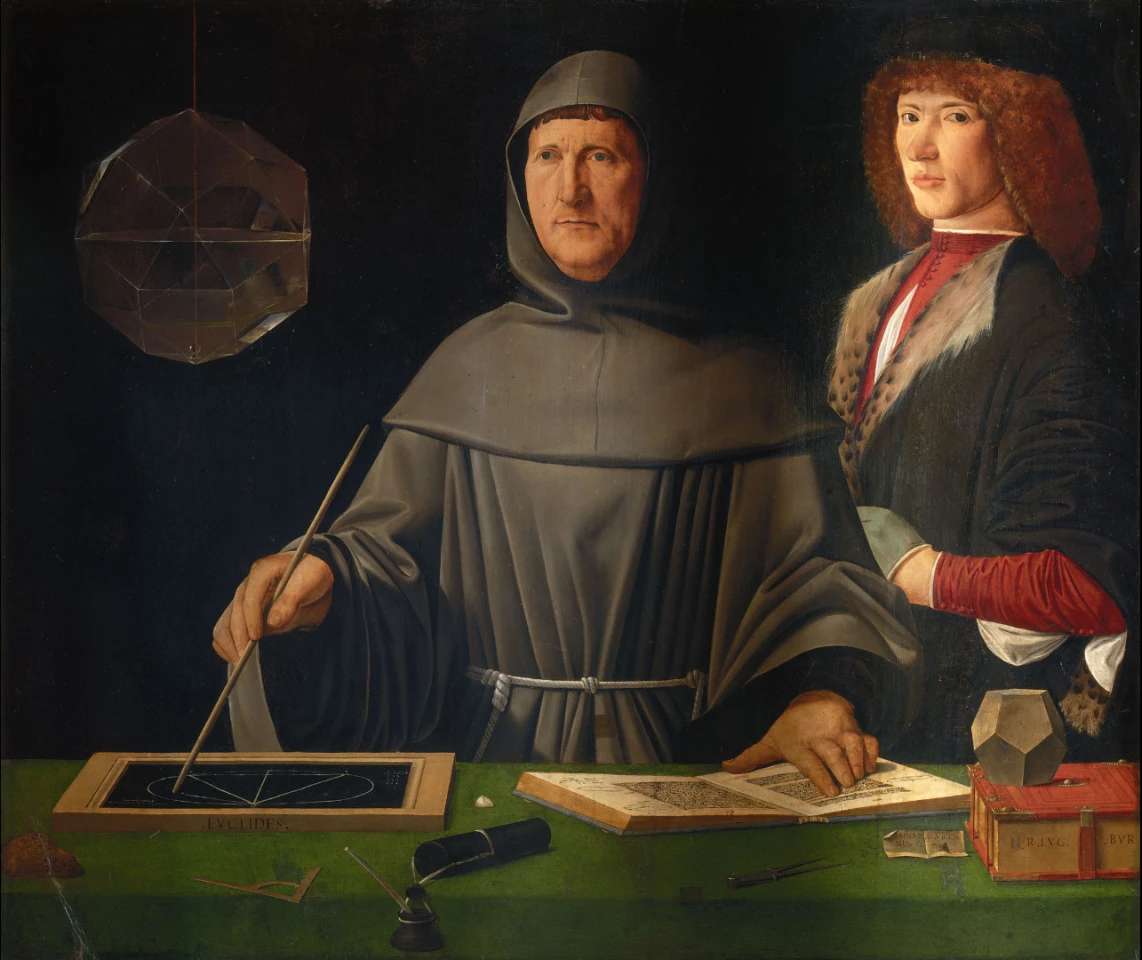 This portrait of Luca Pacioli was painted by Jacopo de’ Barbari, is housed in The Capodimonte Museum in Naples. It depicts Pacioli with one hand on this book, while demonstrating a Euclid theorem with the other