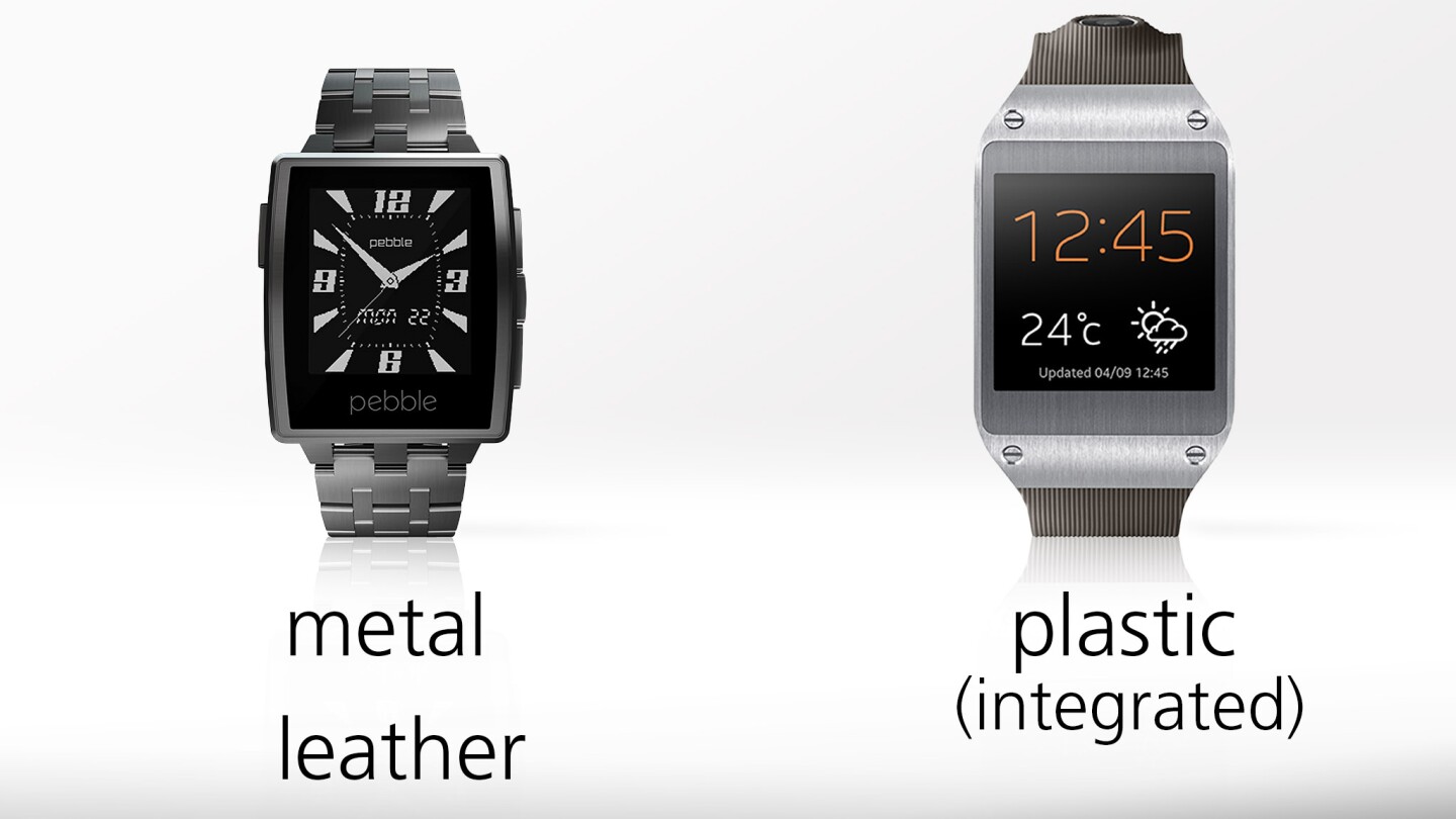 Pebble Steel ships with two classy bands, while the Gear's band is an integrated part of the watch