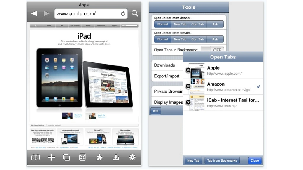 A screen grab from iCab Mobile - a powerful browser for the iPhone and iPod Touch