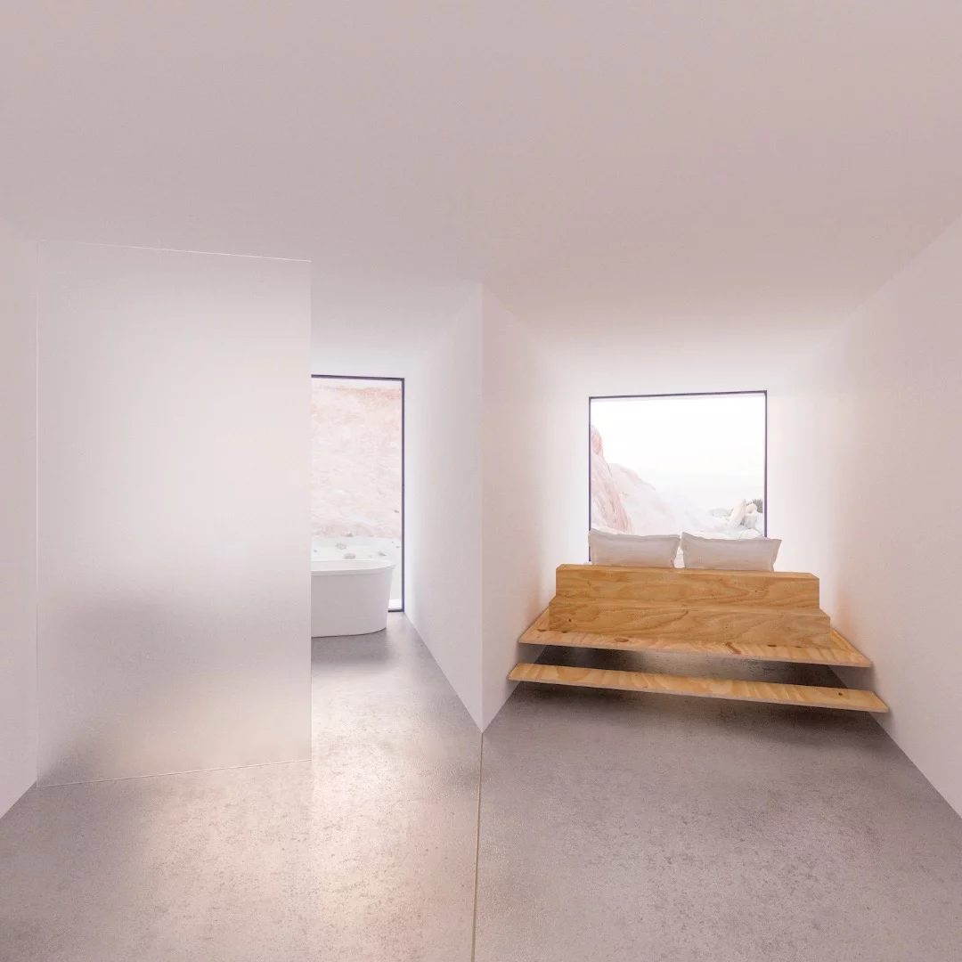 The Joshua Tree Residence's bedroom. Due to its small size, residents would need to climb into the bed from behind