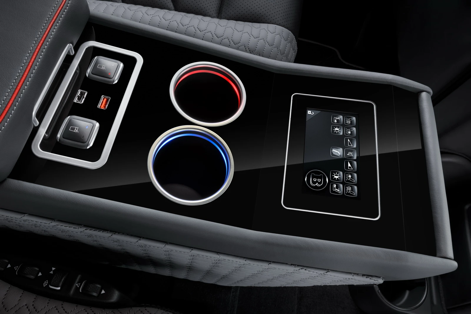 Brabus' rear console includes heated/cooled cupholders and a touch panel for controlling seats, lights and other features