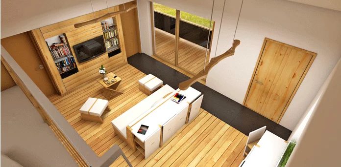 The Prispa prototype uses wood as its primary material, while clay has been used to finish the interior walls