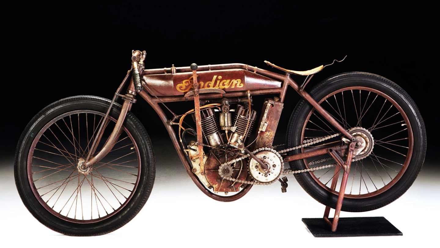 This largely original Indian board track racer from more than a century ago, still with the original paint, sold for $88,000.