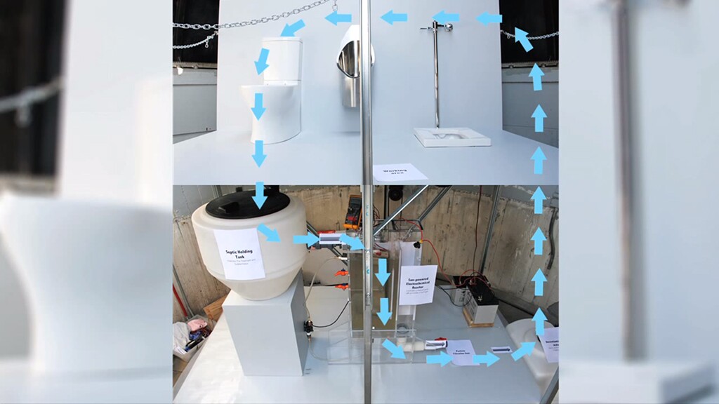 The winning Caltech toilet breaks down water and human waste material into fertilizer and hydrogen gas