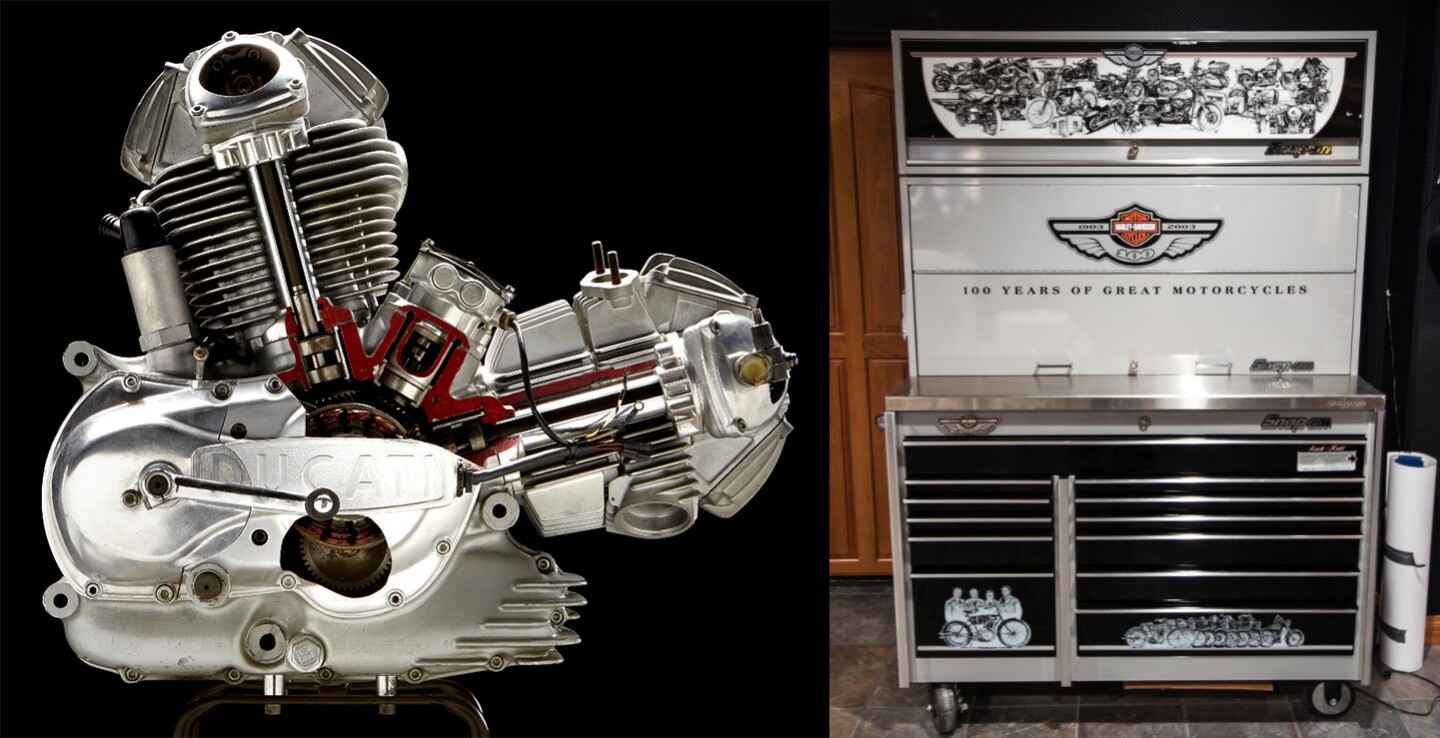 The Ducati 750 Sport cutaway engine above left sold for $9,375 and a complete and unused Harley-Davidson 100th Anniversary Snap On tool set (above right) sold for $32,450.