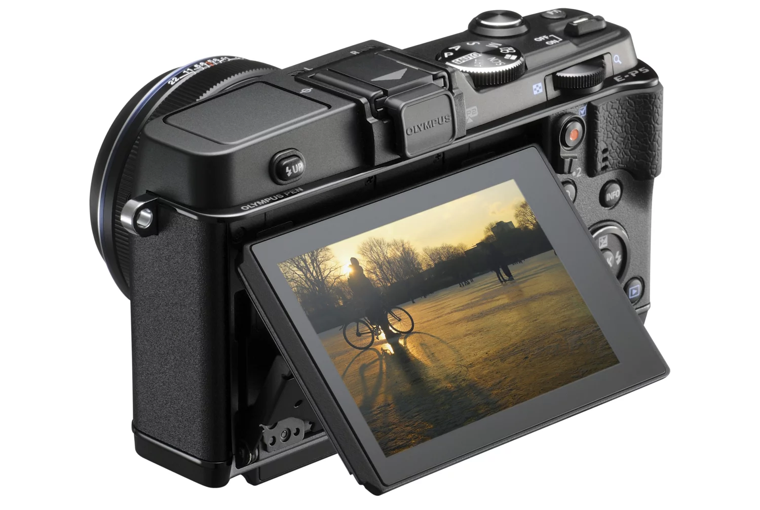 The Olympus PEN E-P5 includes a built-in flash and a three-inch tiltable LCD on the rear with 1037k dots