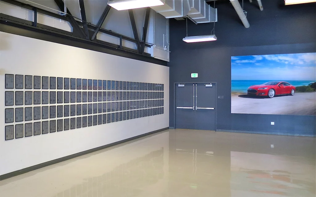The now-gone wall of patents at Tesla's headquarters (Photo: Steve Jurvetson)