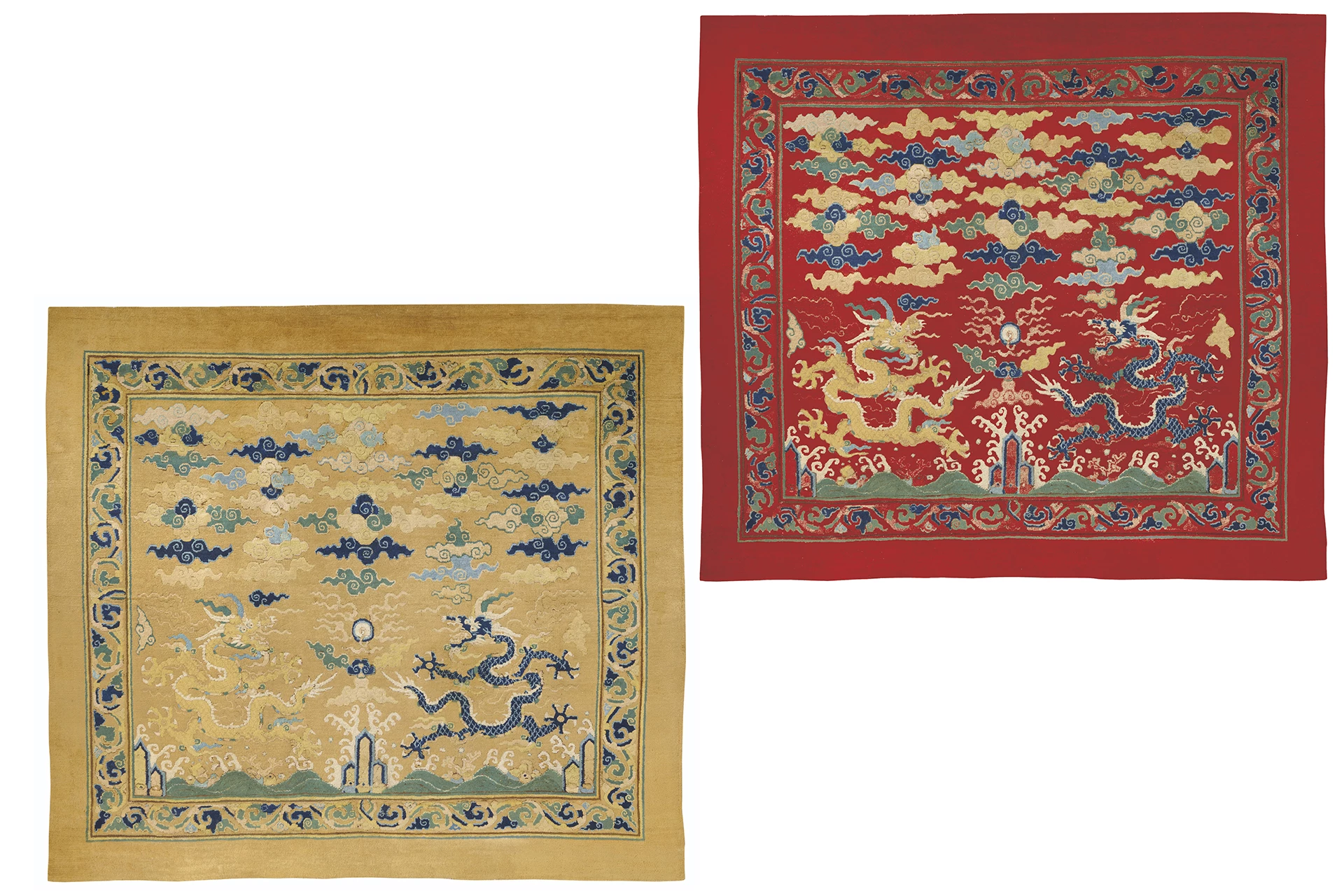This Imperial Dragon Carpet that once adorned the throne room of the Ming Dynasty Imperial Palace, sold for €6,881,000 ($7,741,125) at Christie's on 23 November 2021. The carpet at left is as it sold at auction, having faded over time. The carpet at right is how it would have appeared when used in the ancient Beijing Palace.