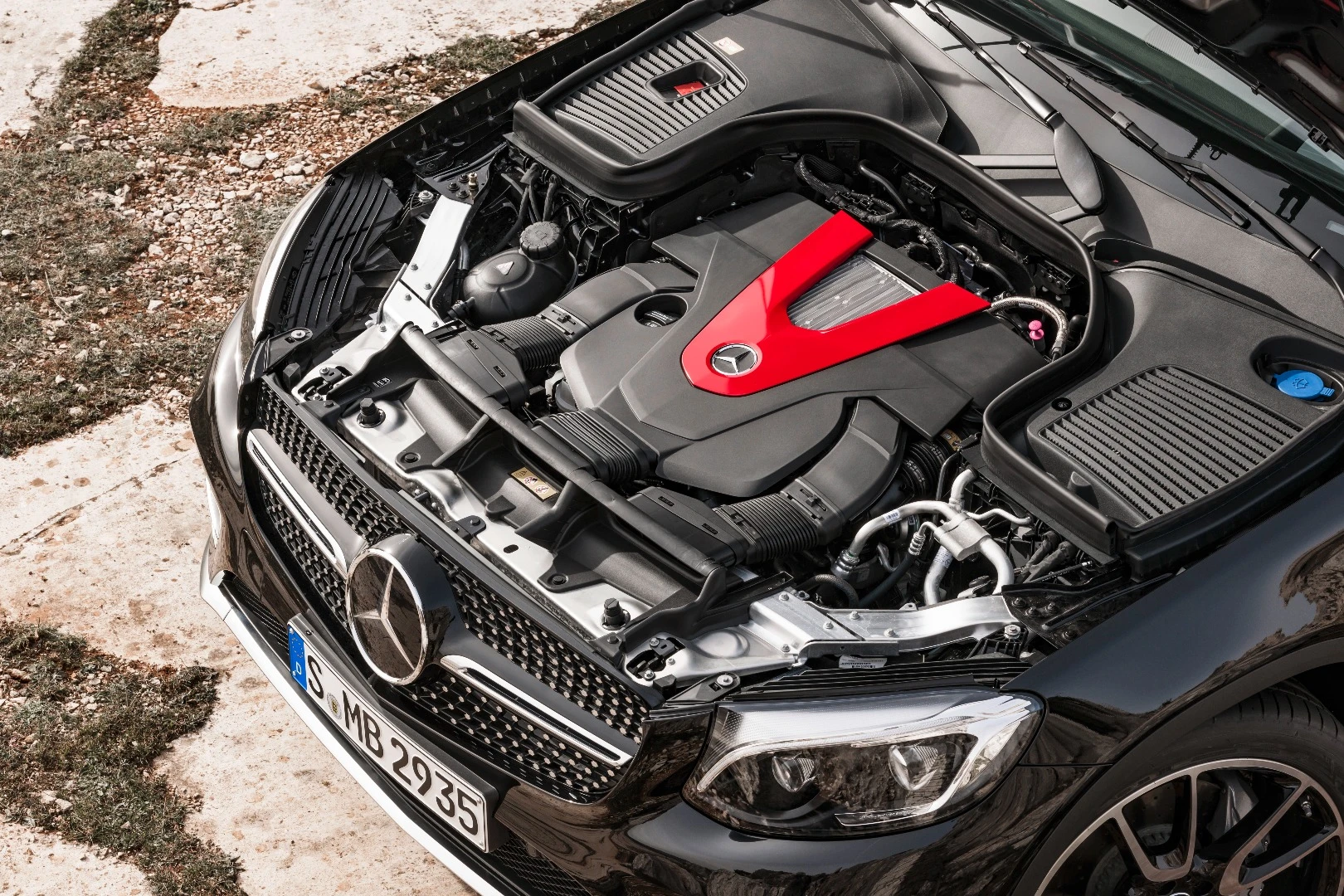 The red aluminum cover on the engine is one giveaway that AMG has paid it a visit