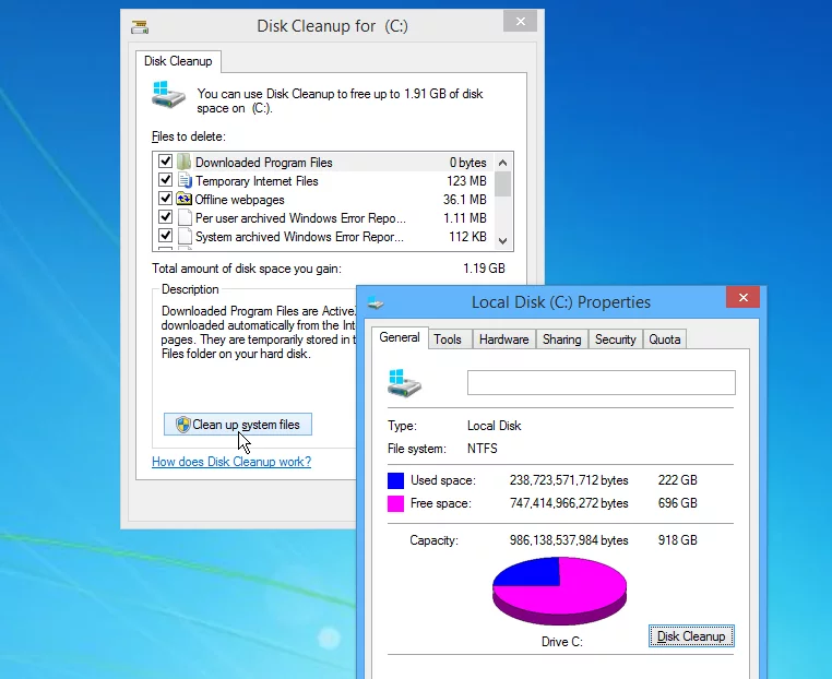 Use Disk Cleanup in Windows to free up disk space