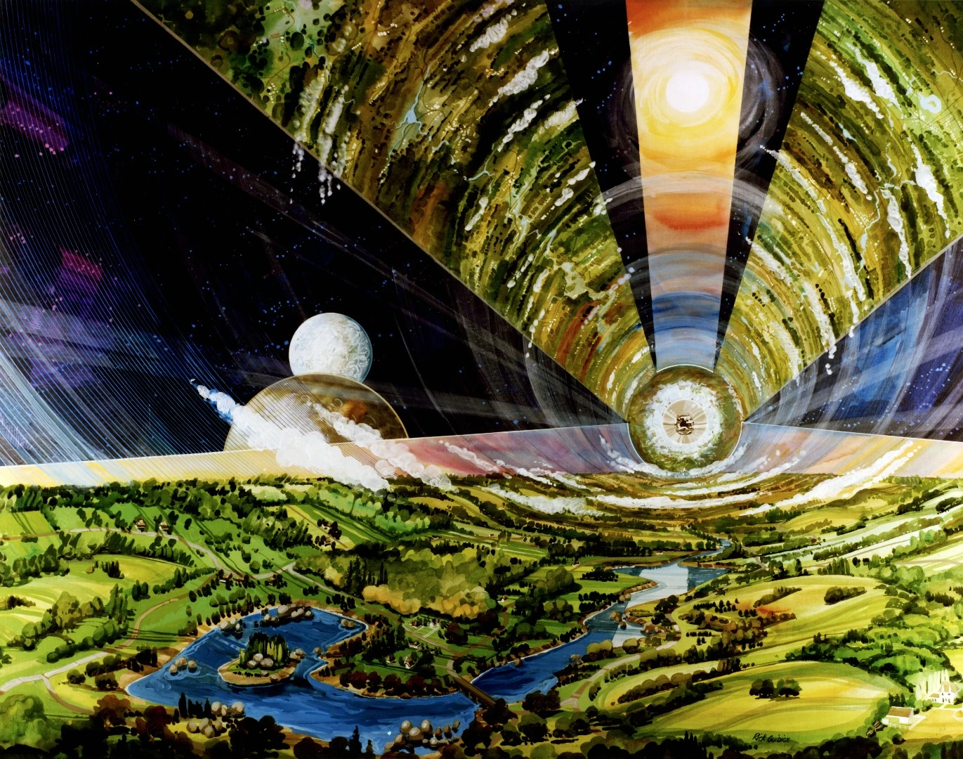 An interior view of a cylinder space station by Rick Guidice