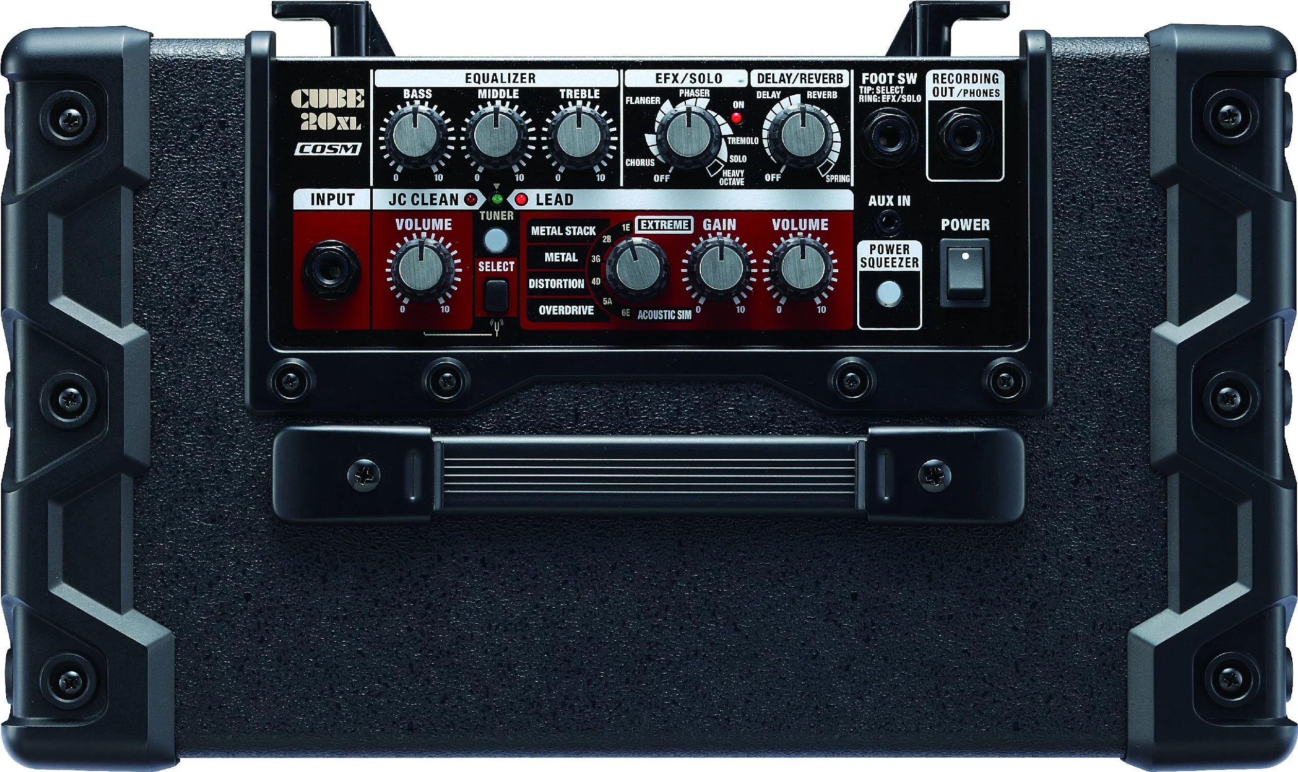 The top of the Cube 20XL, showing the effects on offer, Power Squeezer and JC Clean and Lead Channels