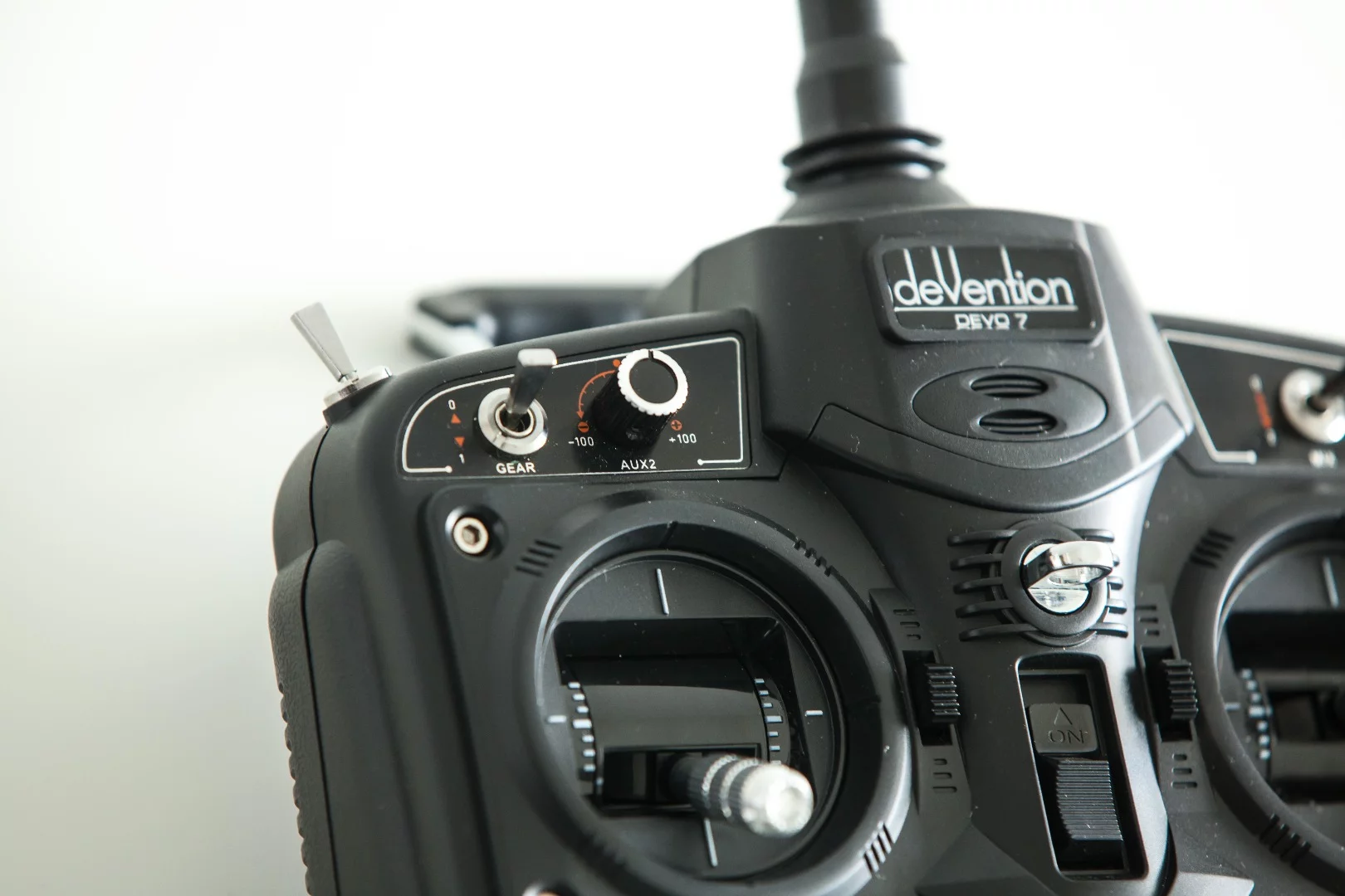 Walkera's Devolution Devo-7 controller: I'm not gonna lie, I have no idea what the Gear, Hold/TRN or Aux switches do, but it's nice to have them there