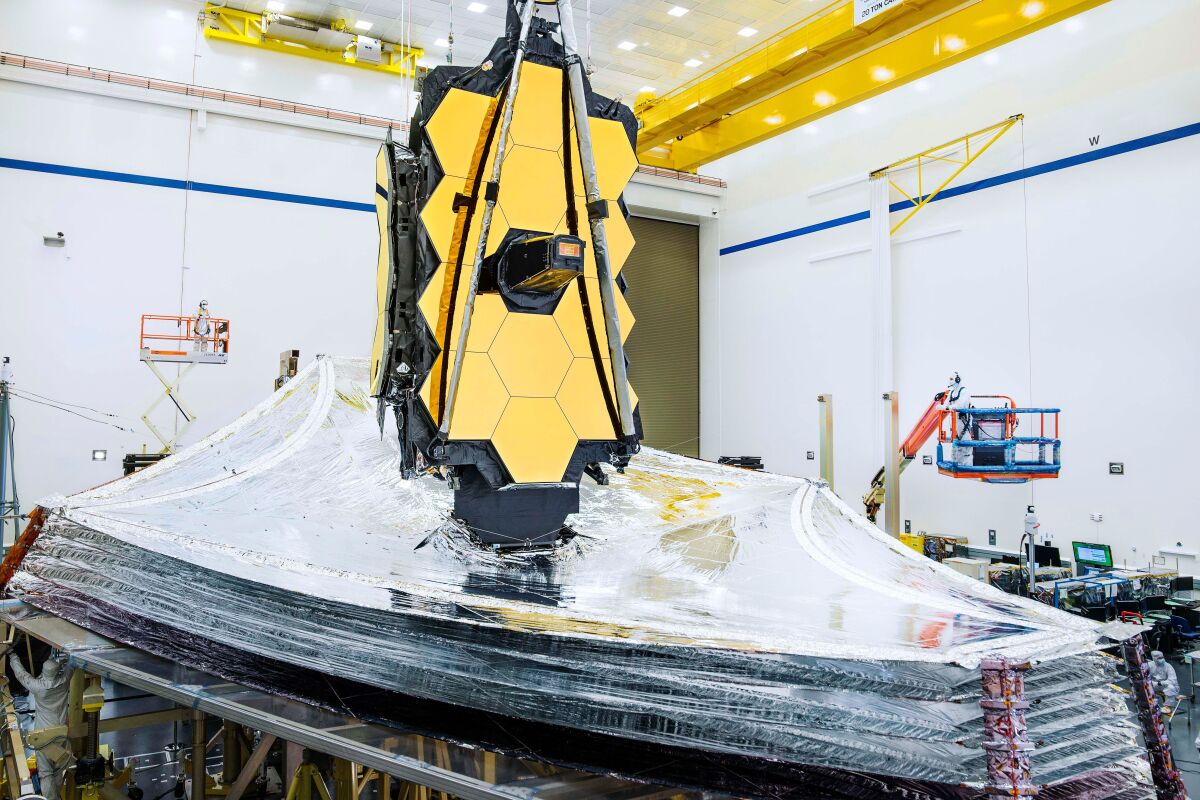 The JWST pictured during sunshield testing