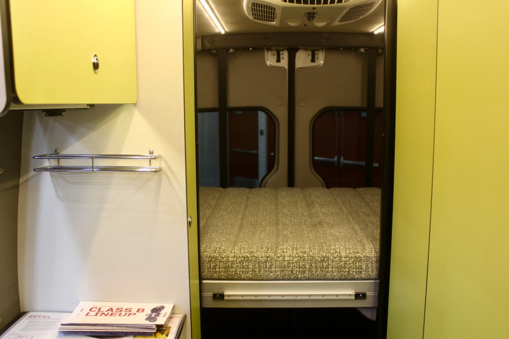 A key feature of the Revel camper van is the power-lift bed that clears the way for gear storage