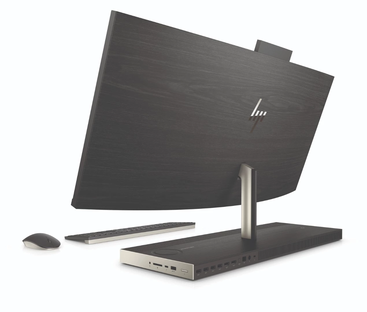 HP's upcoming Envy curved 34-inch All-in-One desktop computer features Gigabit Ethernet, modern flavors of USB, Thunderbolt, HDMI and an SD card slot in a wood grain base with wireless charging technology built in