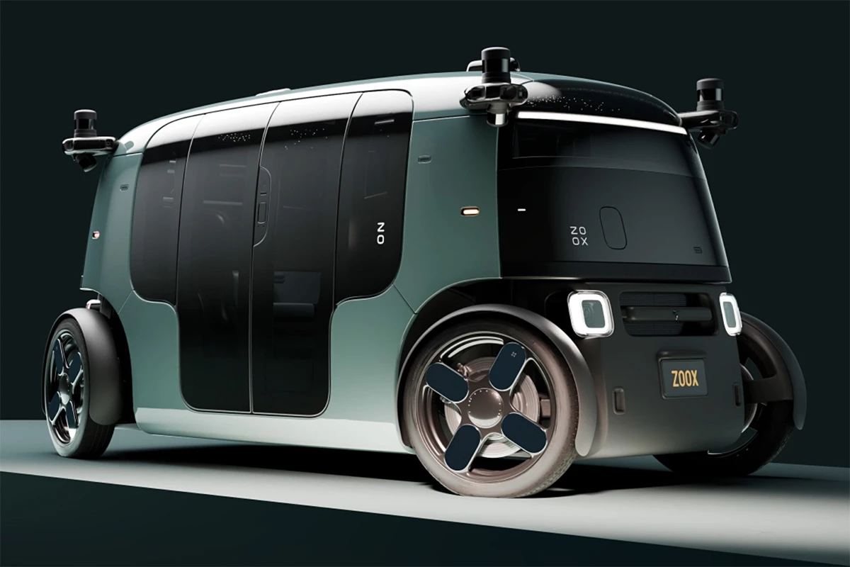 Zoox bidirectional robotaxis feature four-wheel steering, automatic doors for hands-free entry and exit, and active suspension for a smooth ride