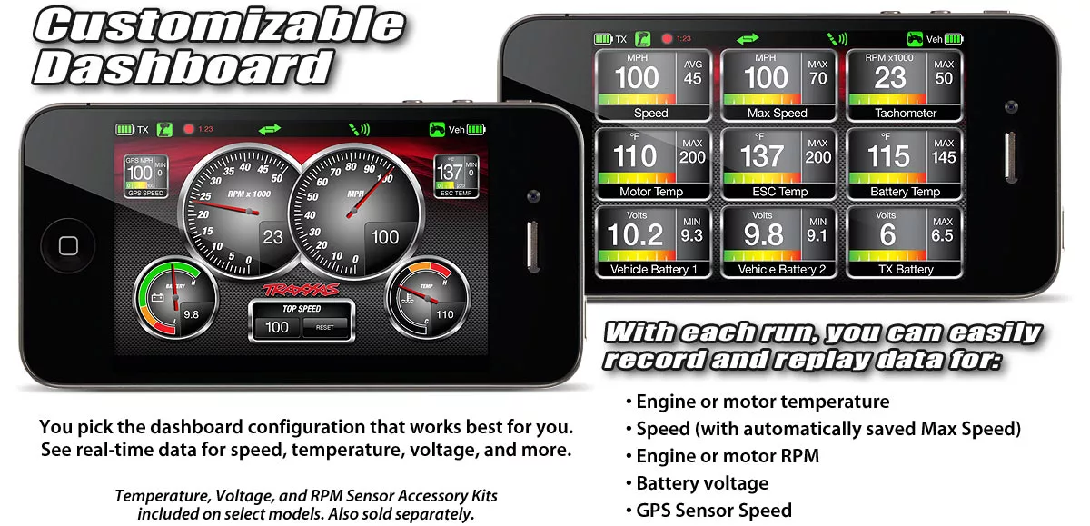Vehicle performance data can be monitored and recorded, using the Traxxas Link app