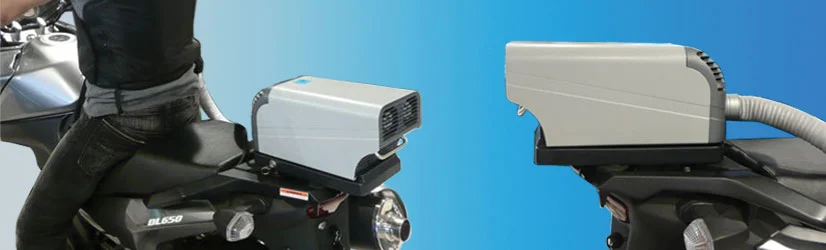 The EntroSys A/C unit, mounted on the back of a bike