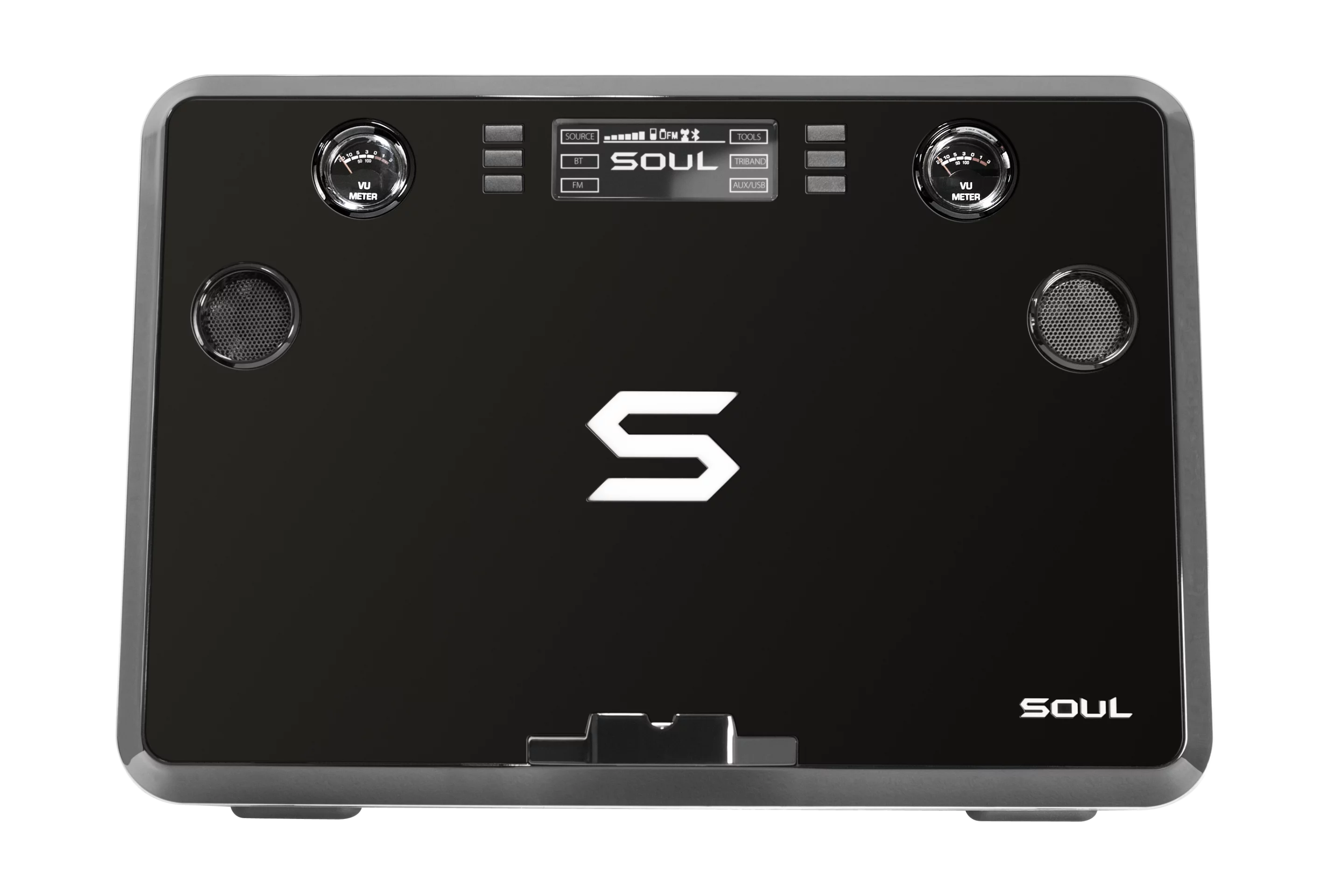 Analog VU meters on either side of the LCD display panel let party guests see exactly how much sonic oomph this baby is pumping out