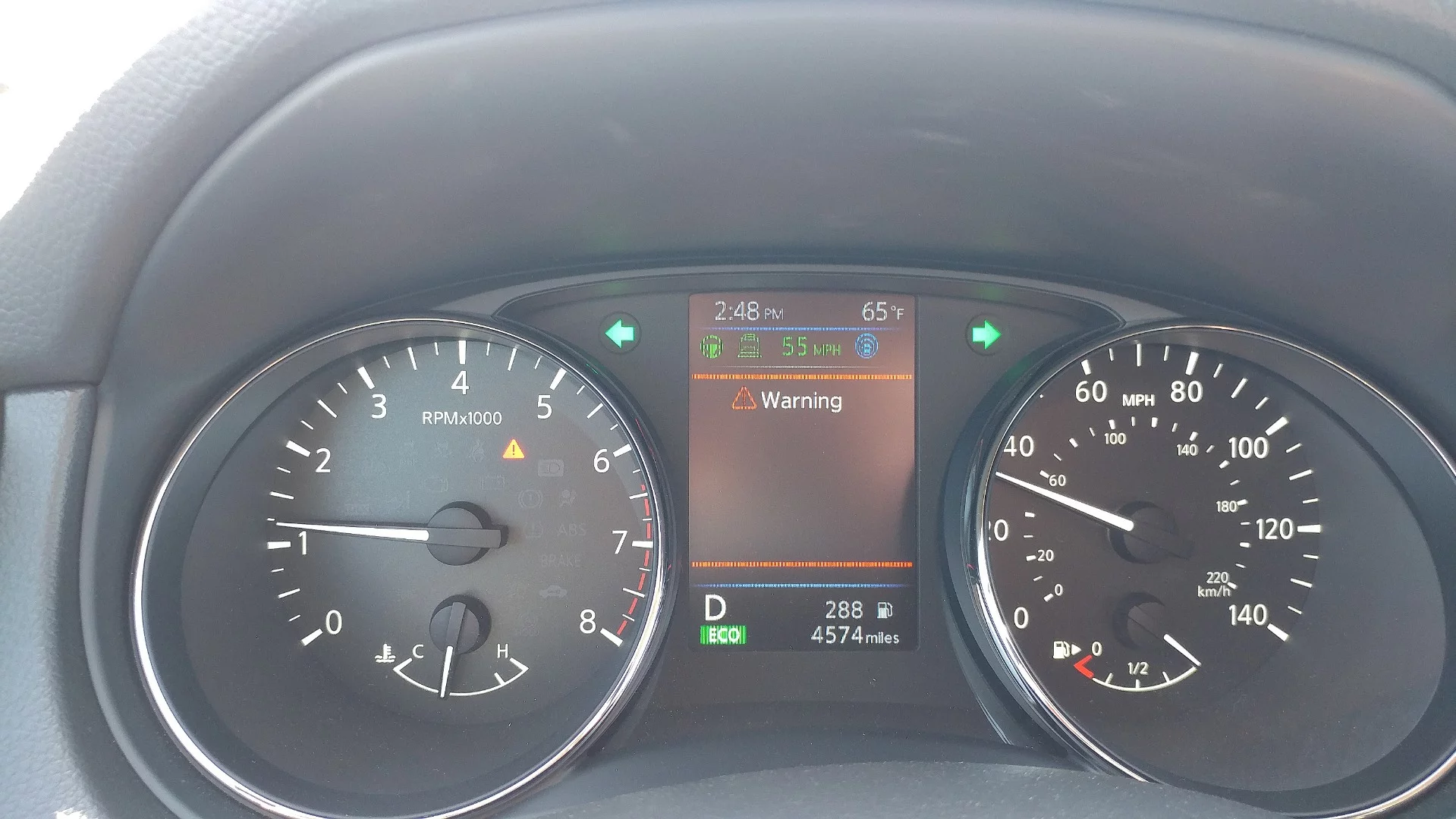 Warnings in Nissan's ProPilot Assist system get progressively more aggressive about warning the driver, even slowing the vehicle (as seen here) to a safe stop