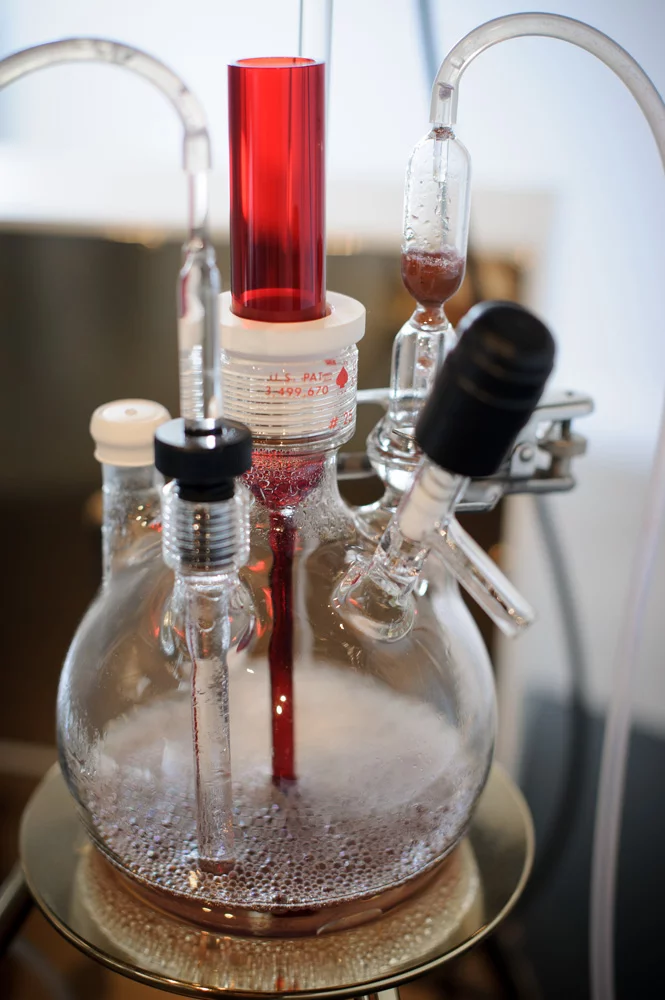 Close up of the custom glass bioreactor which creates an engineered atmosphere with the help of a gas manifold and a gas tank filled with carbon dioxide and hydrogen (Photo: Adam Brown)