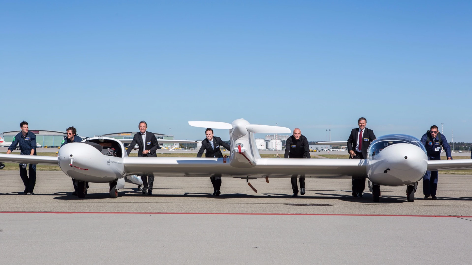 The HY4 hydrogen fuel cell four passenger aircraft on the runway at Stuttgart Airport