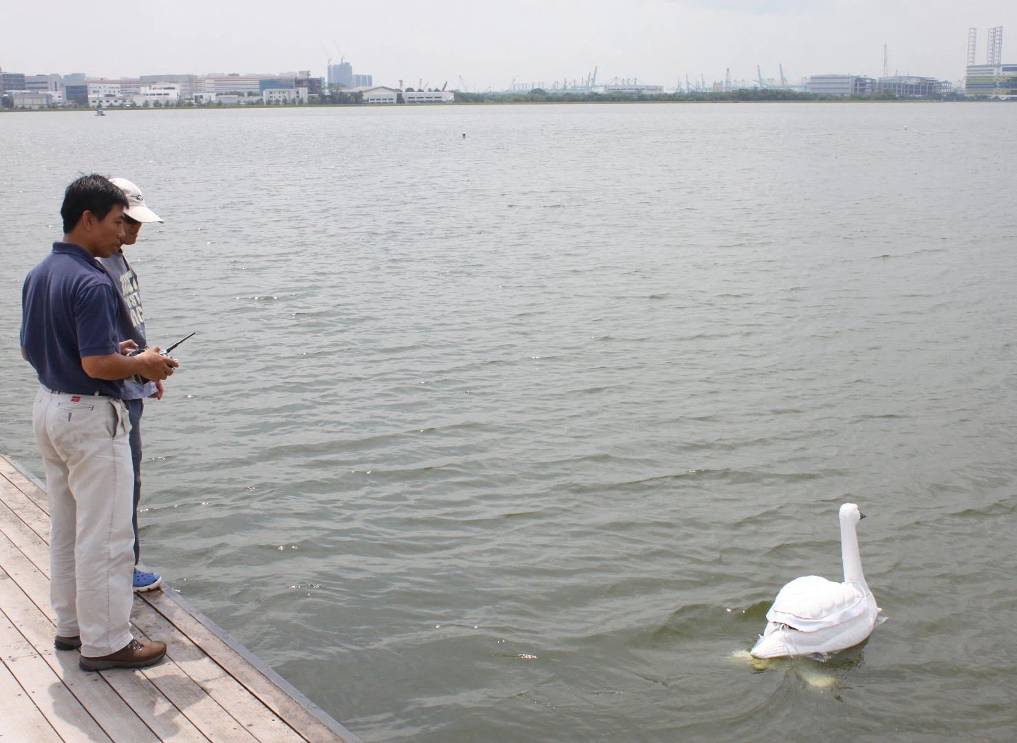 Although they can be manually piloted by remote control, the general idea is that the NuSwan robots use their own onboard GPS guidance system to autonomously cruise reservoirs or other bodies of water
